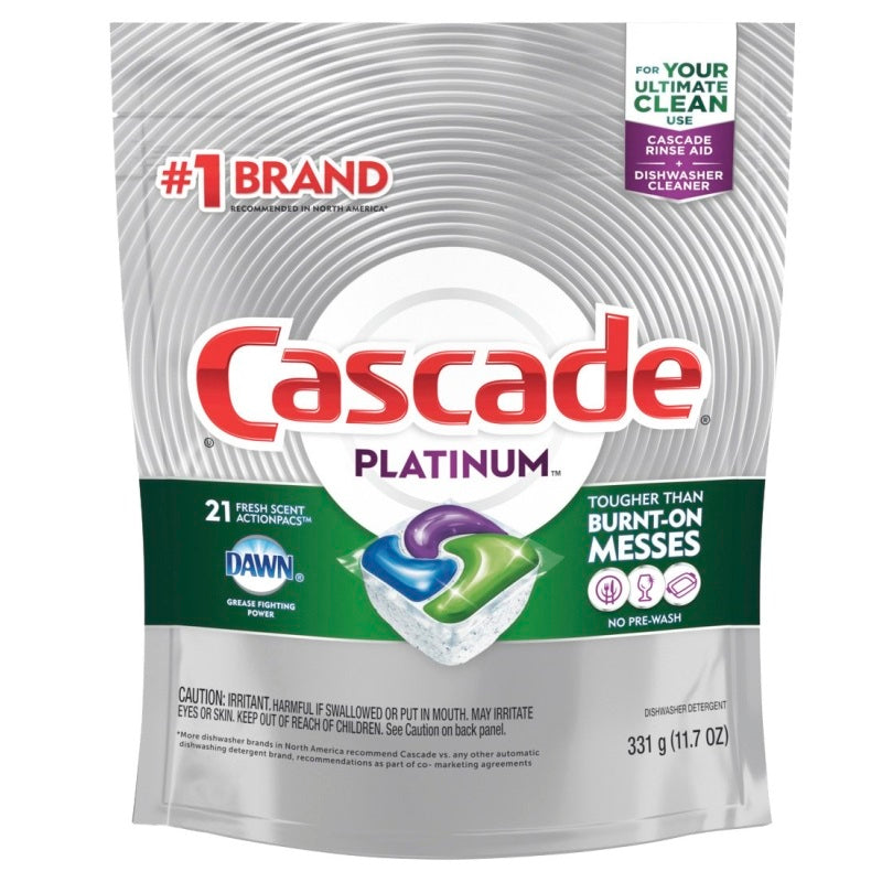 CASCADE PLATINUM 80720 DISHWASHER DETERGENT, 11.7 OZ, SOLID, FRESH, WHITE, 21 CT