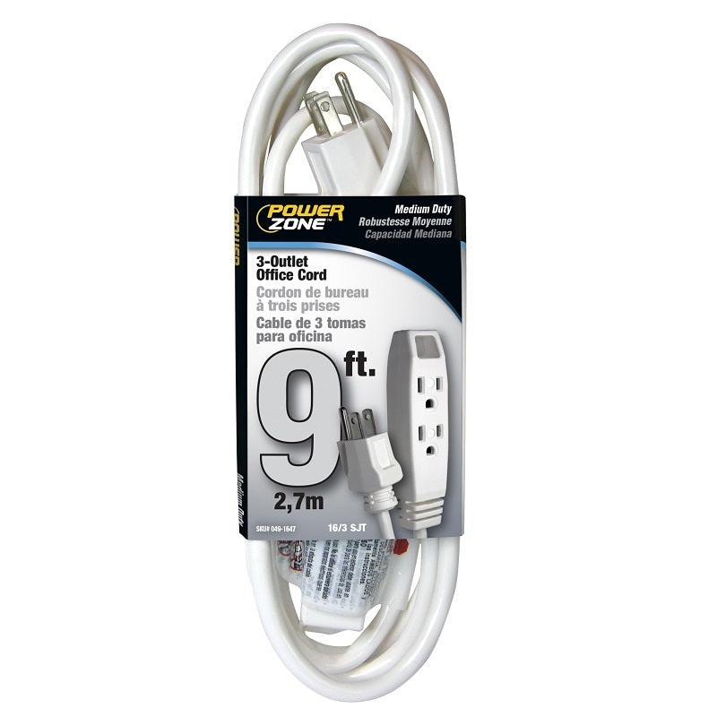 POWERZONE OR890609 OFFICE EXTENSION CORD, 3 OUTLET, 16 AWG CABLE, 5-15P GROUNDED PLUG, 5-15R GROUNDED RECEPTACLE, 9 FT L