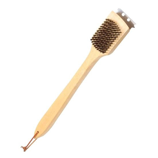 OMAHA SP2483L GRILL BRUSH, 3-1/4 IN L BRUSH, 2 IN W BRUSH, STAINLESS STEEL BRISTLE, WOOD HANDLE, CURVED HANDLE, 18 L