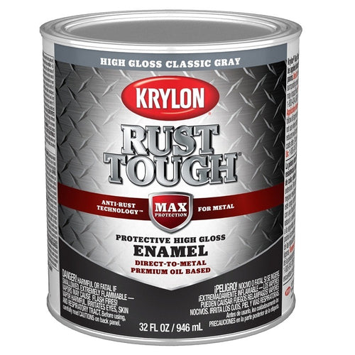 KRYLON RUST TOUGH K09716008 RUST PREVENTATIVE PAINT, GLOSS, CLASSIC GRAY, 1 QT, 400 SQ-FT/GAL COVERAGE AREA