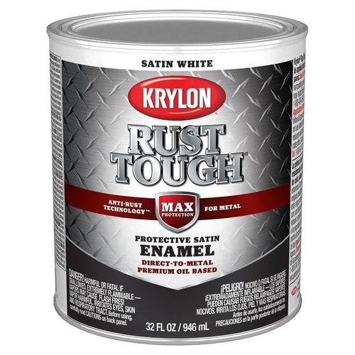 KRYLON RUST TOUGH K09706008 RUST PREVENTATIVE PAINT, SATIN, WHITE, 1 QT, 400 SQ-FT/GAL COVERAGE AREA