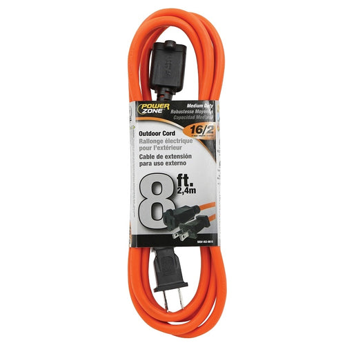 POWERZONE OR481608 OUTDOOR EXTENSION CORD, 16 AWG WIRE, 8 FT L, ORANGE SHEATH