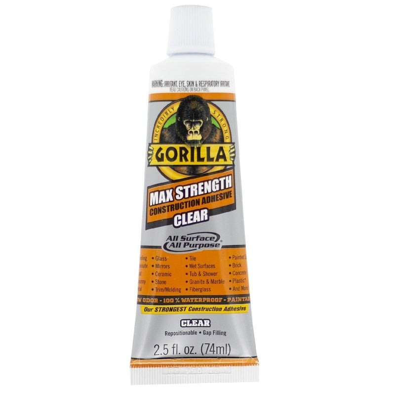 GORILLA 105045 MAX STRENGTH CONSTRUCTION ADHESIVE, CLEAR, 2.5 FL-OZ TUBE
