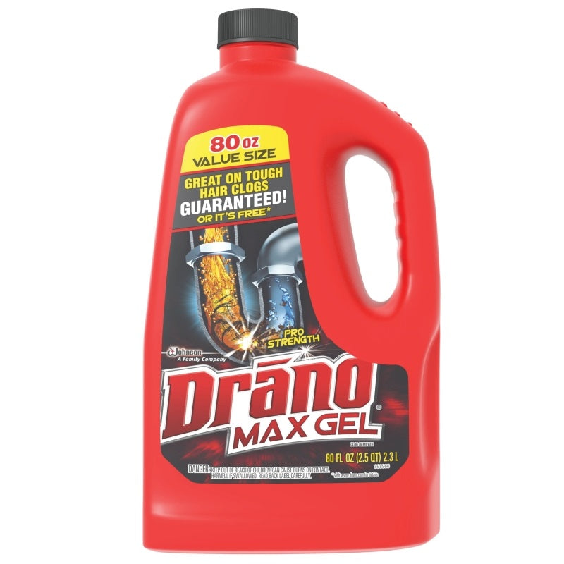 DRANO MAX GEL 40109 CLOG REMOVER, GEL, NATURAL, BLEACH, 80 OZ BOTTLE