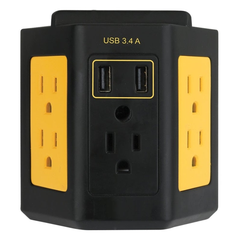 POWERZONE ORPBWTU345 OUTLET ADAPTER, 3.4 A, 2-USB PORT, 5-OUTLET, BLACK/YELLOW